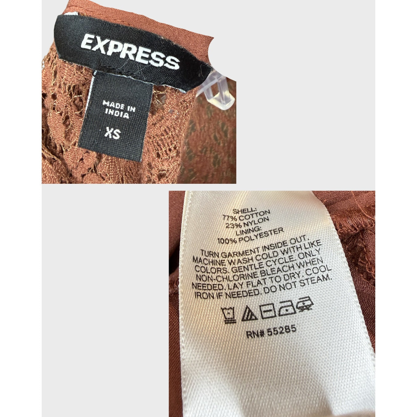 Blusa marrón de encaje, manga larga y cuello alto. Talla XS.