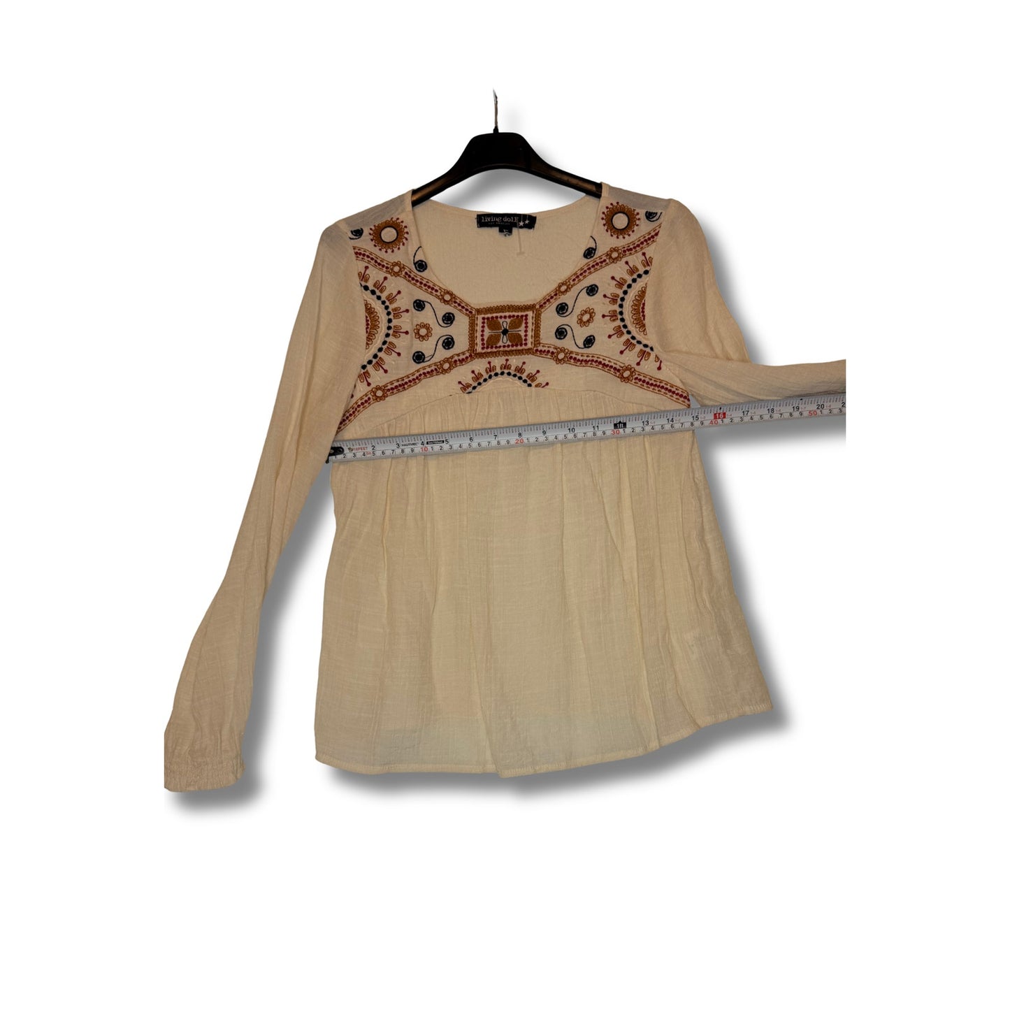 LIVING DOLL - Blusa de manga larga estilo boho con detalles bordados talla XS