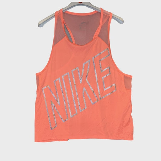 Top deportivo sin mangas (tipo tank) para mujer de Nike Performance, color naranja, con tecnología Dri-FIT y gráfico en malla en la parte frontal. Talla M.