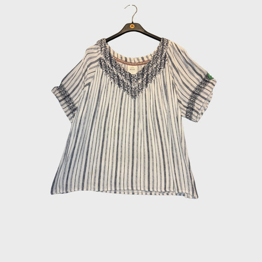 Blusa túnica a rayas con bordado y escote en V de Knox Rose, estilo boho tipo campesina, en azul marino y crema – talla XL de mujer.