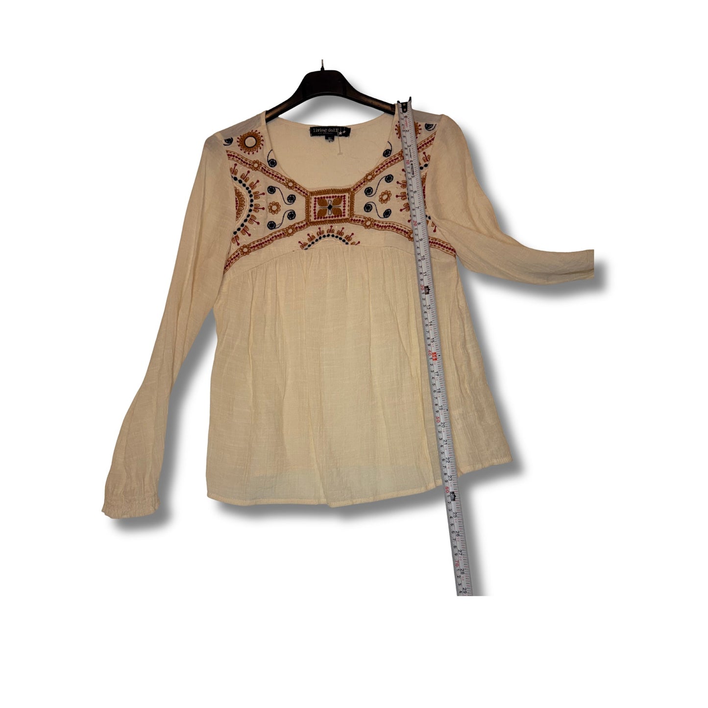 LIVING DOLL - Blusa de manga larga estilo boho con detalles bordados talla XS