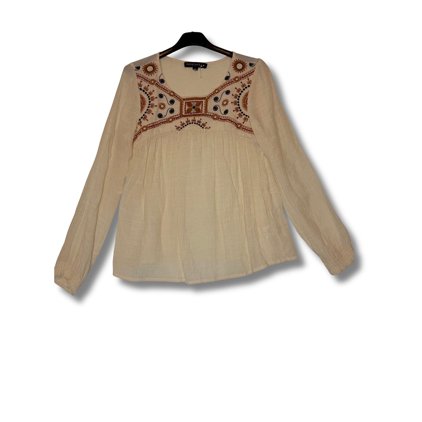 LIVING DOLL - Blusa de manga larga estilo boho con detalles bordados talla XS