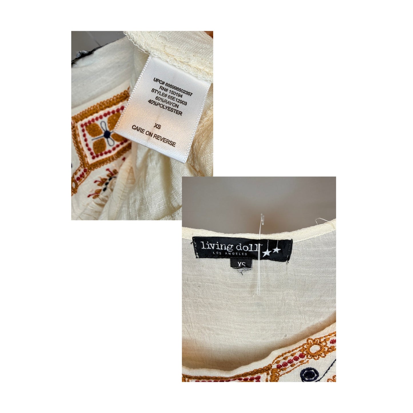 LIVING DOLL - Blusa de manga larga estilo boho con detalles bordados talla XS
